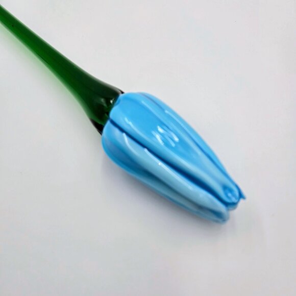 Art Glass Hand Blown Flower Blue Long Green Stem Flower With Leaf Stem Read - Picture 10 of 16